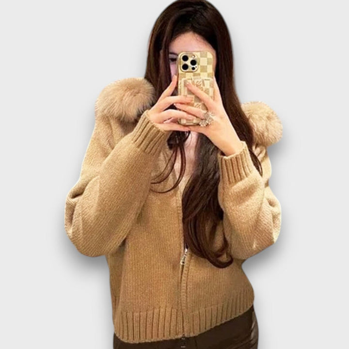 Alisanne – Knit JacketWith Zipper And Faux Fur Collar