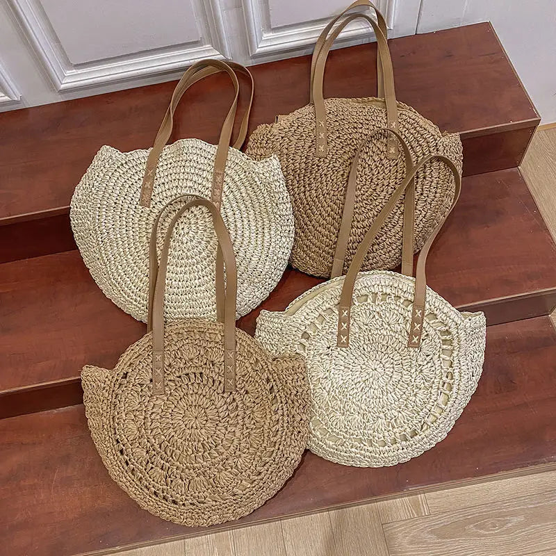 Arnora | Round Woven Handbag with Faux Leather Straps