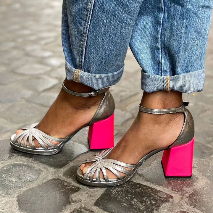Selena | Shiny sandals with thick heel and elegant buckle