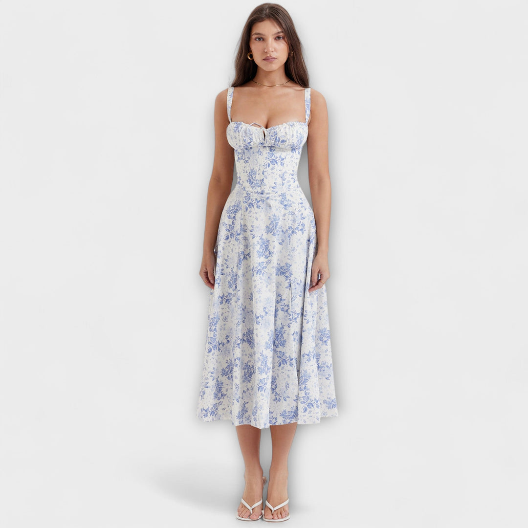 Zipporas - Fitted Bustier Dress with Modern Spring Flower Print