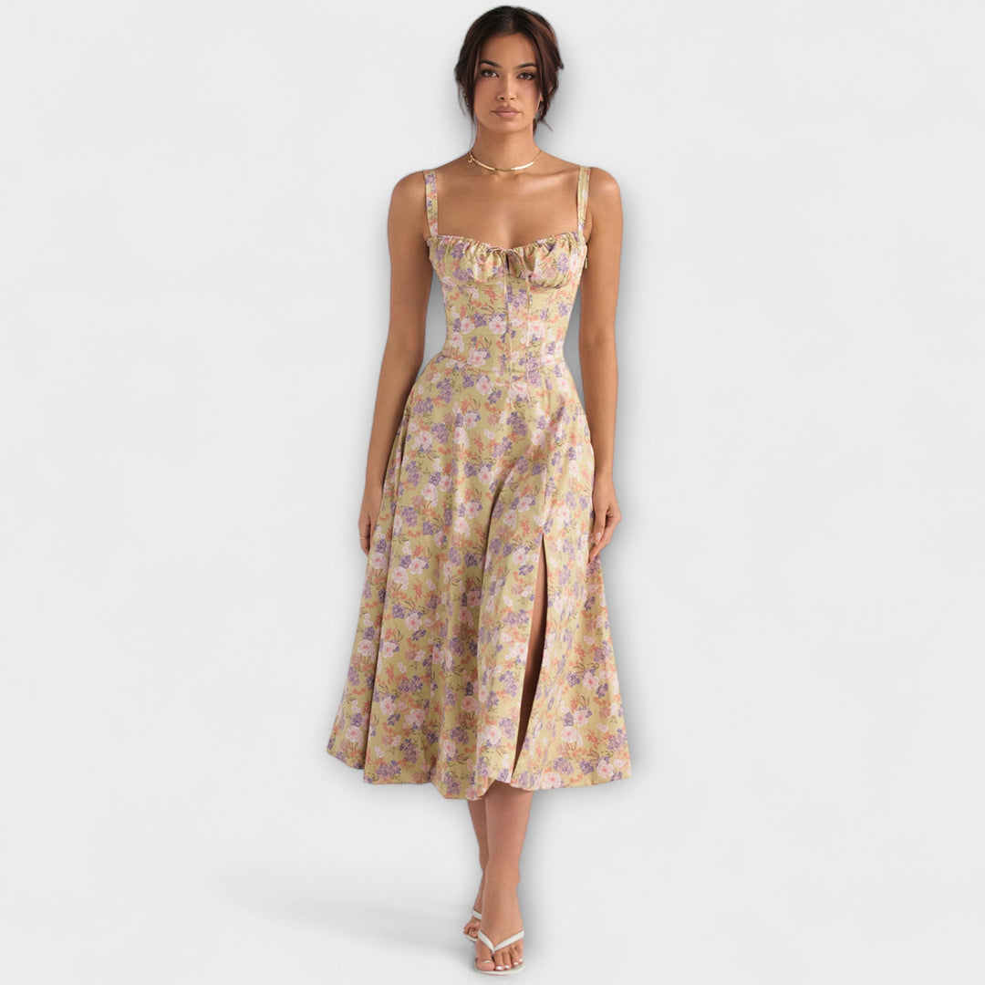 Zipporas - Fitted Bustier Dress with Modern Spring Flower Print