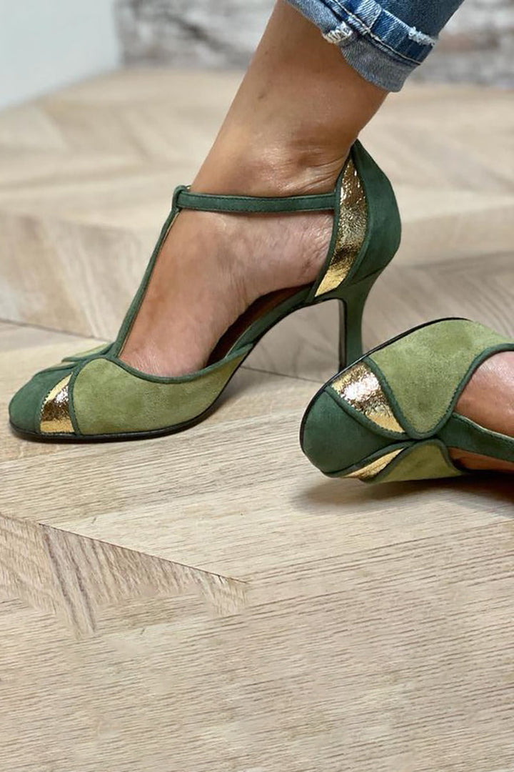 Thalia | Patchwork T-strap high heels with closed toe