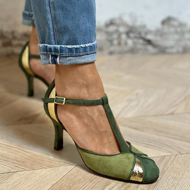 Thalia | Patchwork T-strap high heels with closed toe