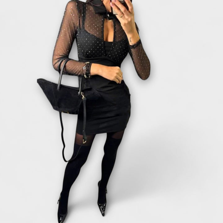 Stevie - Mini Dress with Net Glitter Collar and Stretch Fabric