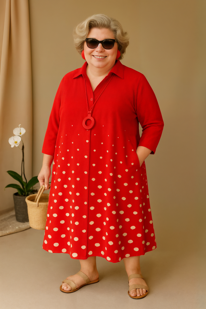 Adelia - Tummy-Friendly Red Polka Dot Shirt Dress