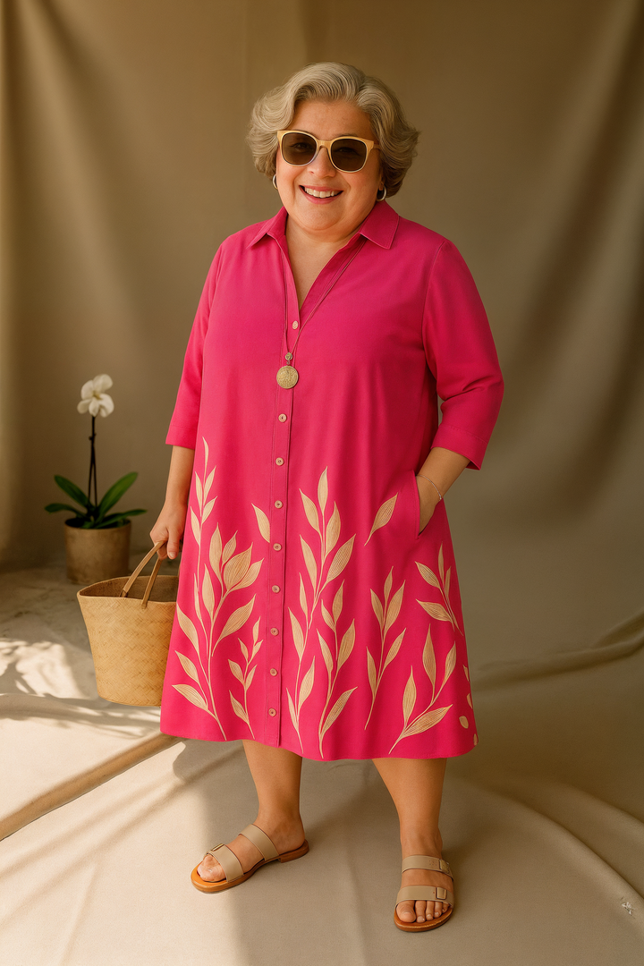 Mirasol - Tummy-Friendly Bold Pink Shirt Dress