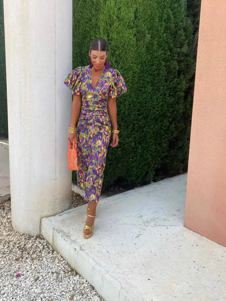Arielle™ | Colourful Midi Dress for Women with Pleated Sleeves